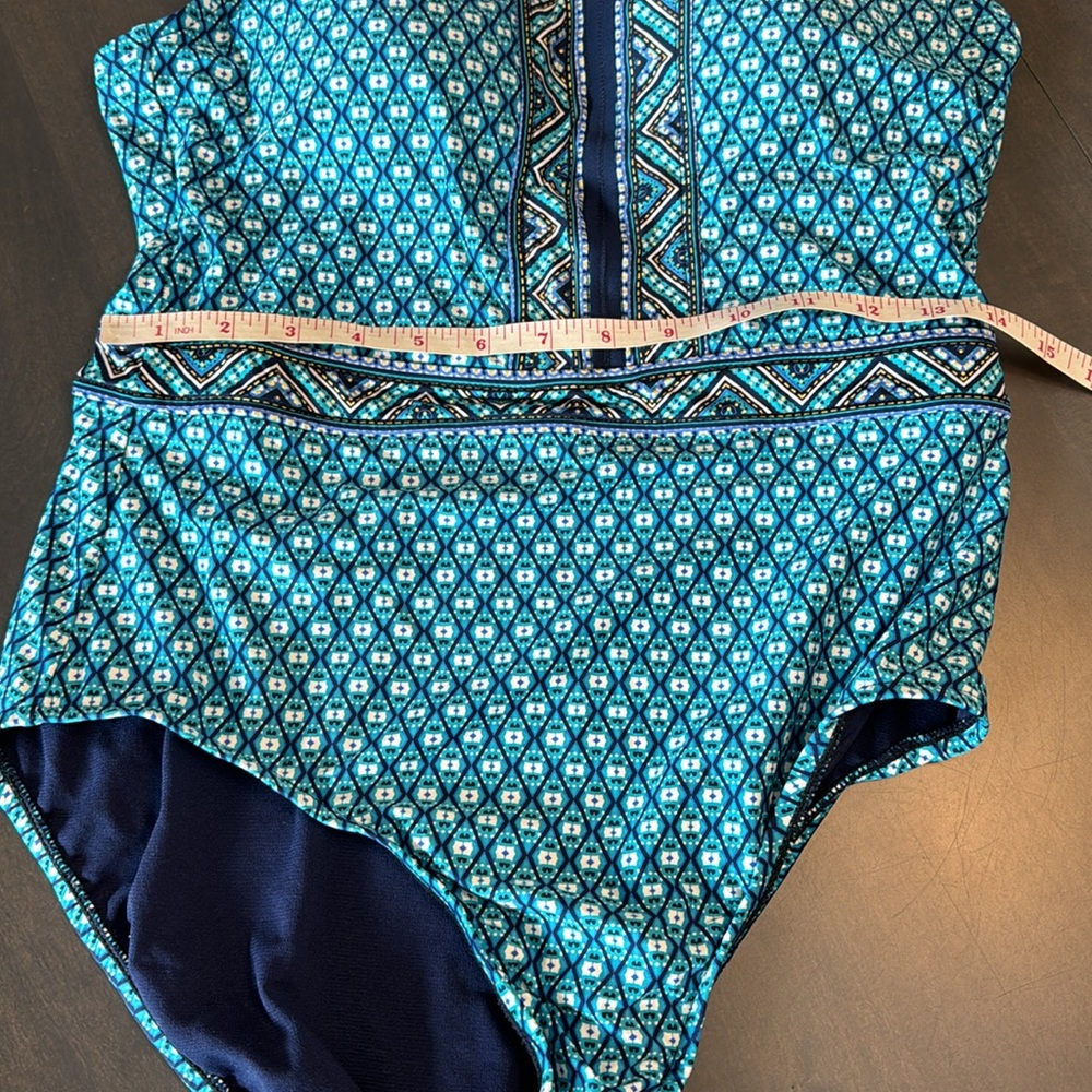 Jantzen Blue Print Keyhole High Neck One piece Swim Suit Modest Molded Cups 12 - Picture 9 of 14